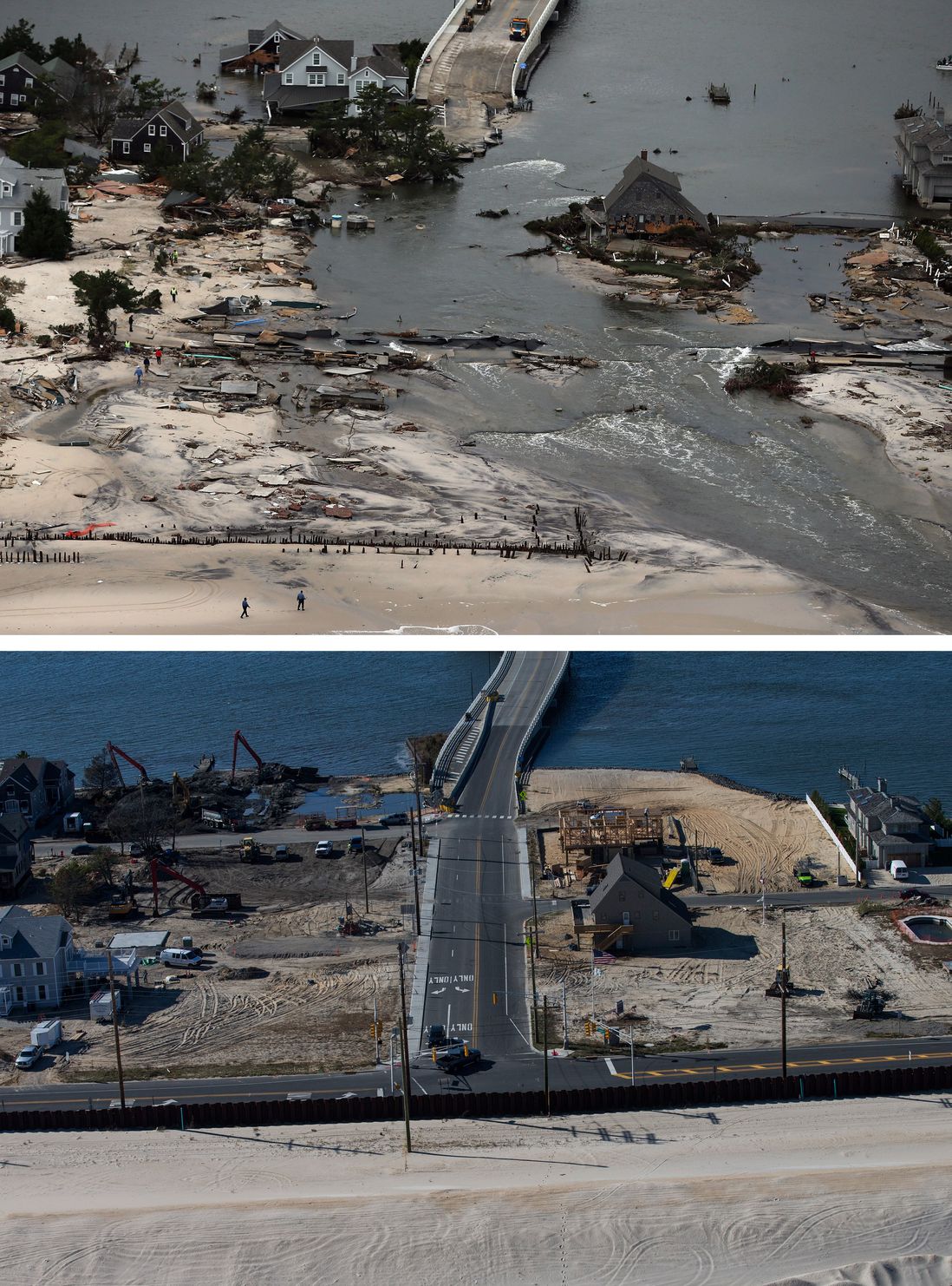 [Top] Homes built near a bridge sit destroyed due to Superstorm Sandy in Mantoloking, New Jersey October 31, 2012. [Bottom] Mantoloking, New Jersey is shown in this aerial view October 21, 2013.